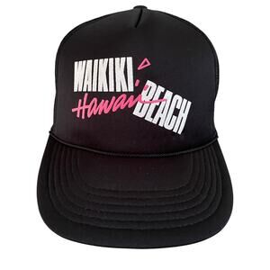 VTG 90s Hawaii Waikiki Beach Black Trucker Snapback Hat OSFA